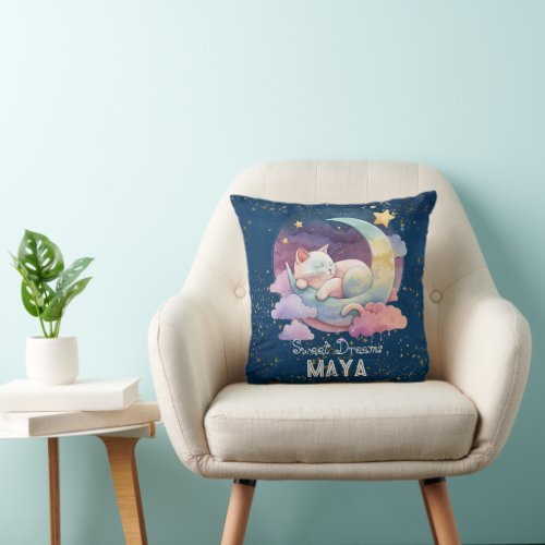 Twinkle Star Night Sky Nursery Cat Moon Throw Pillow