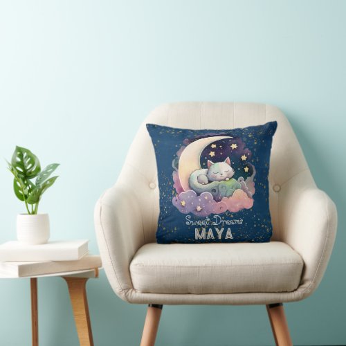 Twinkle Star Night Sky Nursery Cat Moon Throw Pillow