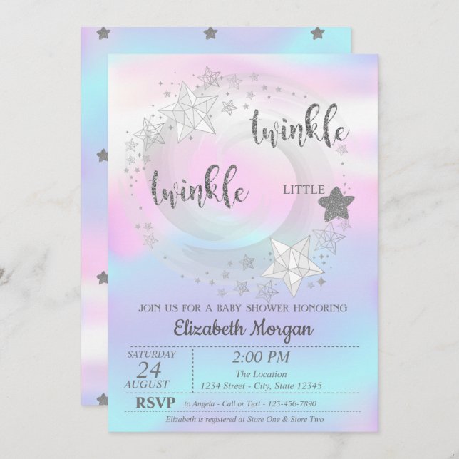 Twinkle Star Silver HolograpBaby Shower Invitation (Front/Back)