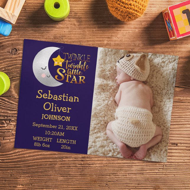 Twinkle Star Whimsical Photo Birth Announcement Postcard (Creator Uploaded)