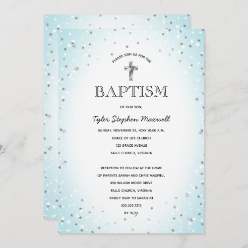 Twinkle Stars and Cross Blue Baby Boy Baptism Invitation