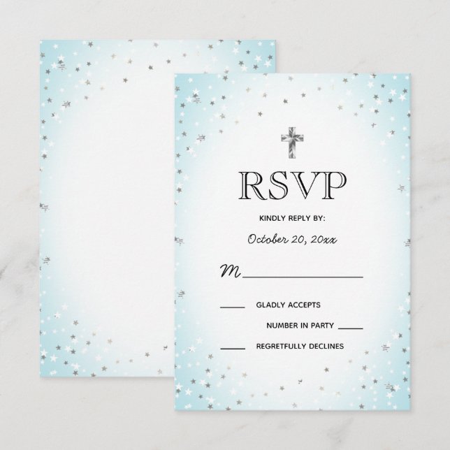 Twinkle Stars and Cross Blue Baby Boy Baptism RSVP Invitation (Front/Back)