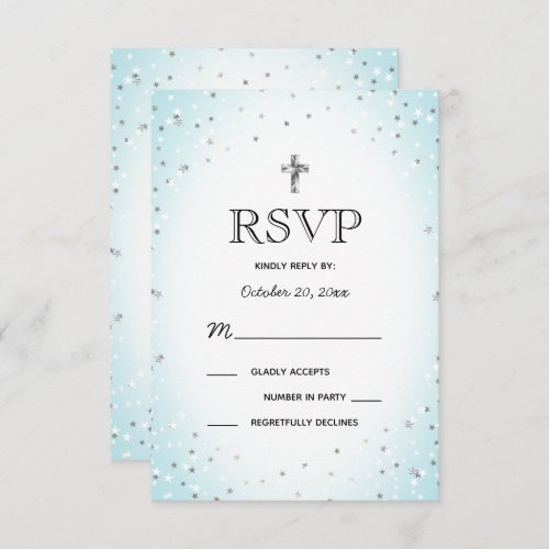 Twinkle Stars and Cross Blue Baby Boy Baptism RSVP Invitation