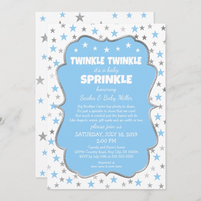 Twinkle Stars Baby Sprinkle boy invitations (Front/Back)