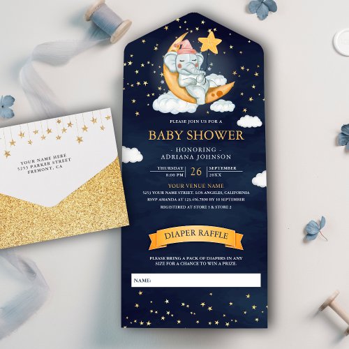 Twinkle Stars Moon Elephant Navy Blue Baby Shower All In One Invitation