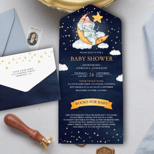 Twinkle Stars Moon Navy Blue Elephant Baby Shower All In One Invitation