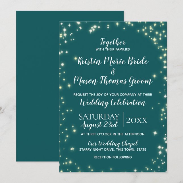 Twinkle Stars Teal Sparkle Wedding Invitation (Front/Back)