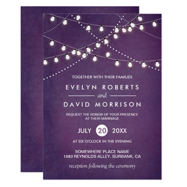 Twinkle String Lights Dark Purple Outdoor Wedding Invitation