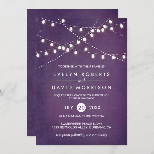 Twinkle String Lights Dark Purple Outdoor Wedding Invitation (Front/Back)