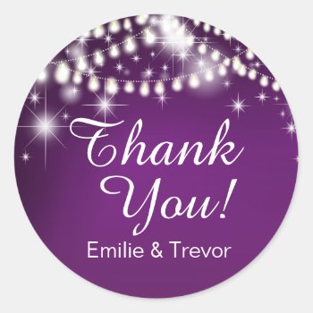 Twinkle String Lights Thank You Purple Classic Round Sticker by glamprettyweddings at Zazzle