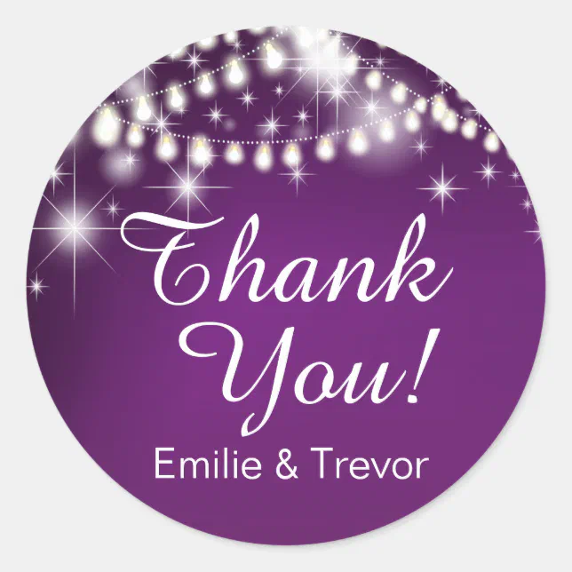 Twinkle String Lights Thank You purple Classic Round Sticker | Zazzle