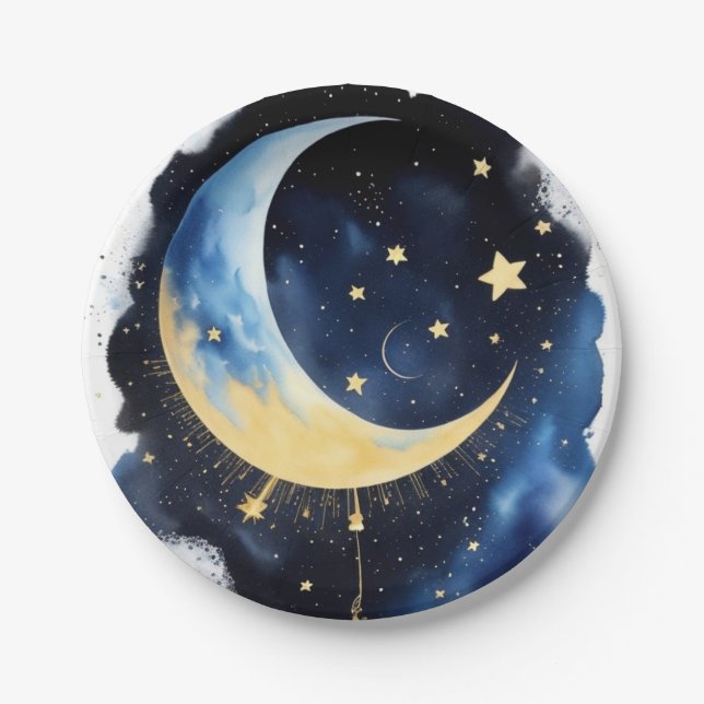 Twinkle Twinkle Baby Shower: Moon & Stars Paper Plates (Front)