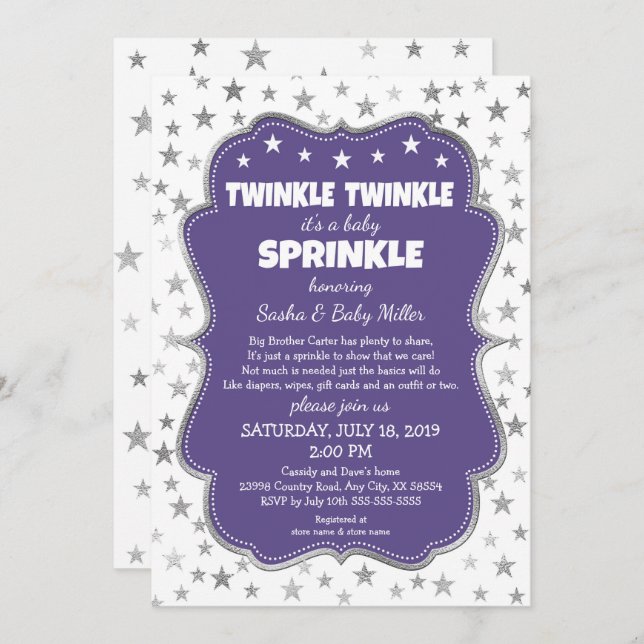 Twinkle Twinkle Baby Sprinkle purple invitations (Front/Back)