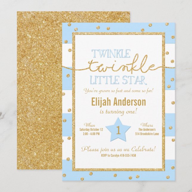Twinkle Twinkle Blue and Gold Birthday Invitation (Front/Back)