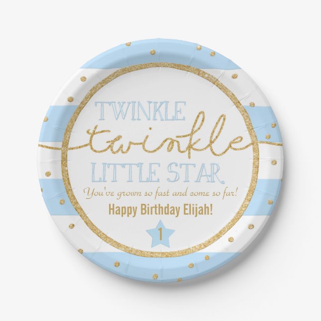 Twinkle Twinkle Blue and Gold Birthday Plates (Front)