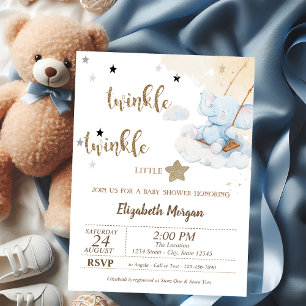 Twinkle Twinkle Blue Bear Moon Stars Baby Shower Invitation