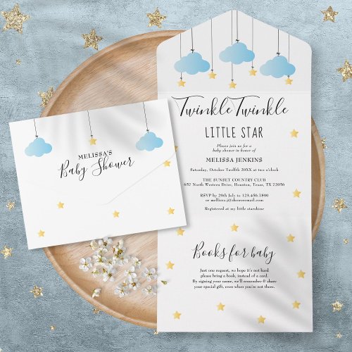 Twinkle Twinkle Blue Clouds Gold Stars Baby Shower All In One Invitation