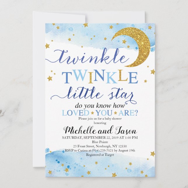 Twinkle Twinkle (Blue & Gold) Baby Shower Invitation (Front)