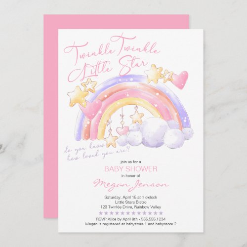 Twinkle Twinkle Cute Rainbow Pink Girl Baby Shower Invitation