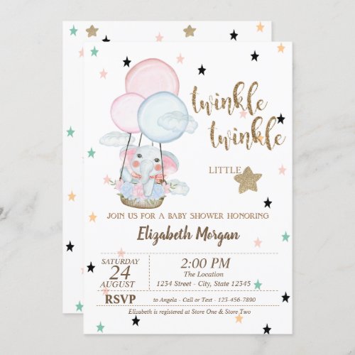 Twinkle Twinkle Elephant Balloons Baby Shower Invitation