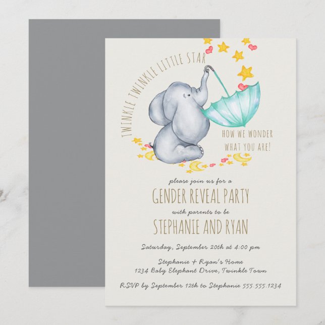 Twinkle Twinkle Elephant Grey Gender Reveal Invitation (Front/Back)