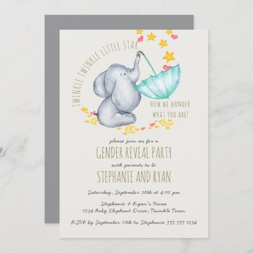 Twinkle Twinkle Elephant Grey Gender Reveal Invitation