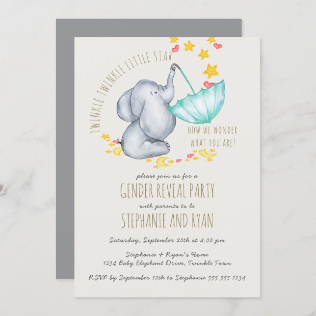 Twinkle Twinkle Elephant Grey Gender Reveal Invitation (Front/Back)