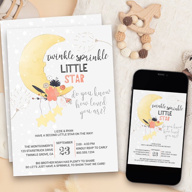 Twinkle Twinkle Floral Moon Baby Sprinkle Invitation (Twinkle twinkle little star baby sprinkle invitation)