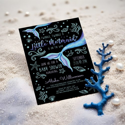Twinkle Twinkle Iridescent Ocean Mermaid Black Invitation