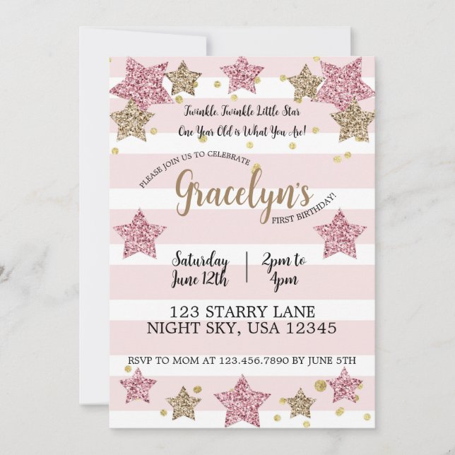 Twinkle Twinkle Little Star 1st Birthday Pink Gold Invitation (Front)