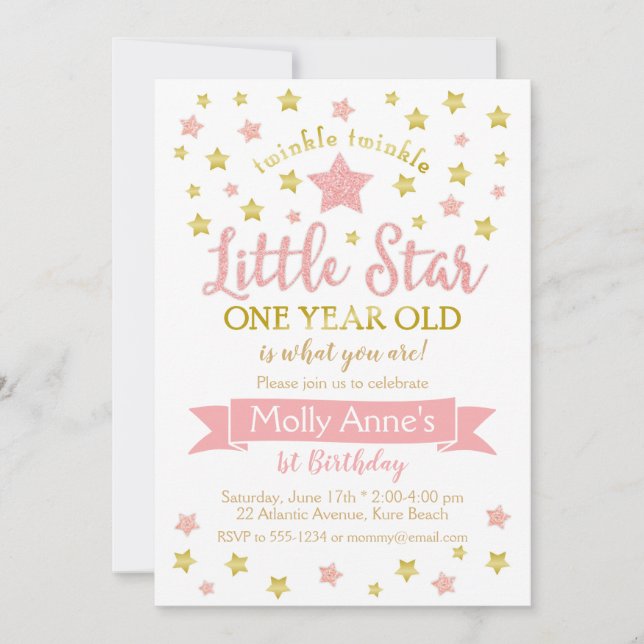 Twinkle Twinkle Little Star 1st Birthday Pink Gold Invitation (Front)