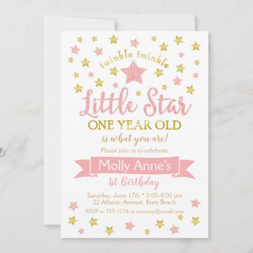 Twinkle Twinkle Little Star 1st Birthday Pink Gold Invitation