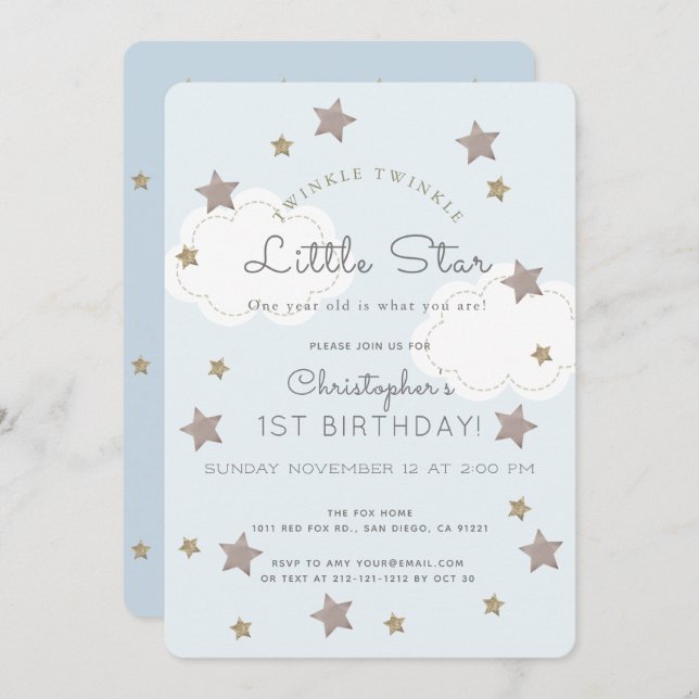 Twinkle Twinkle Little Star 1st Boy Birthday Invitation (Front/Back)