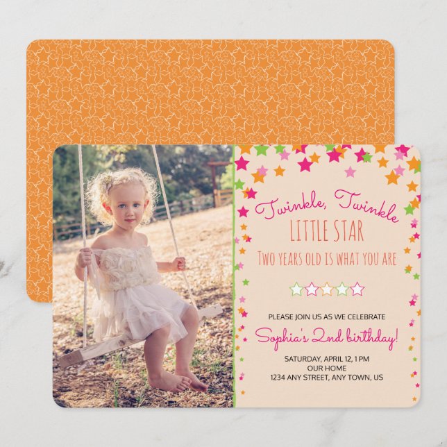 Twinkle Twinkle Little Star 2nd Birthday Invitation (Front/Back)