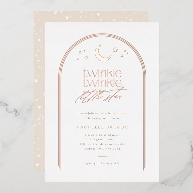 Twinkle Twinkle Little Star Arch Baby Shower Rose Foil Invitation (Front/Back)