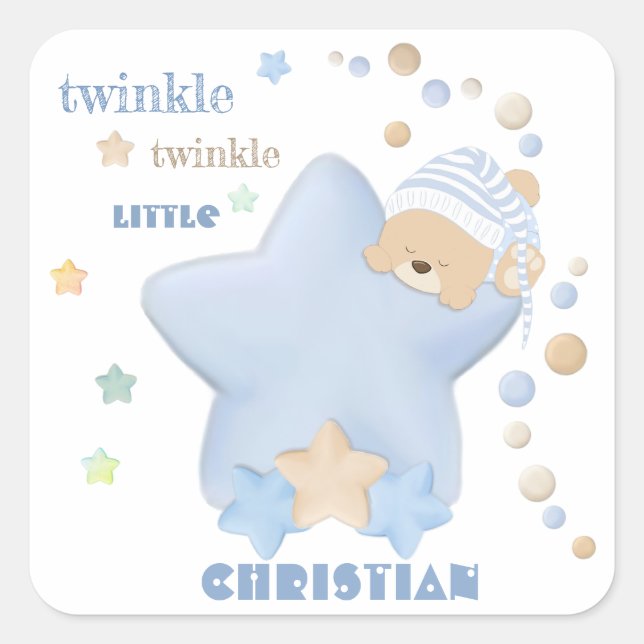 Twinkle Twinkle Little Star Baby Boy Teddy Bear Square Sticker (Front)