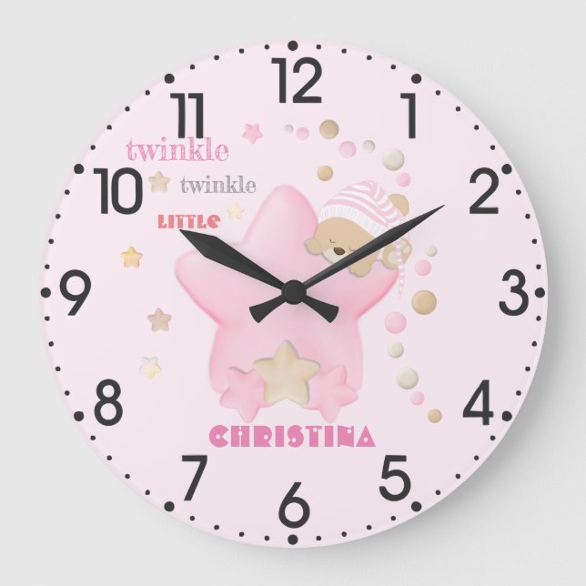 Twinkle Twinkle Little Star Baby Girl Teddy Bear Large Clock (Front)