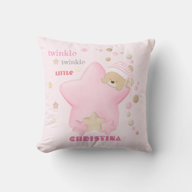 Twinkle Twinkle Little Star Baby Girl Teddy Bear Throw Pillow (Front)