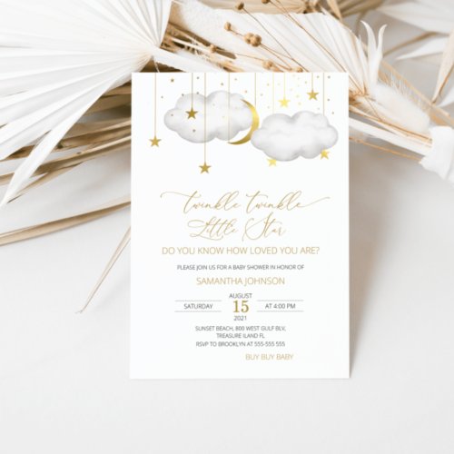 Twinkle Twinkle Little Star Baby Shower Gray Gold Invitation