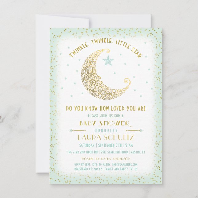 Twinkle Twinkle Little Star Baby Shower Mint Gold Invitation (Front)