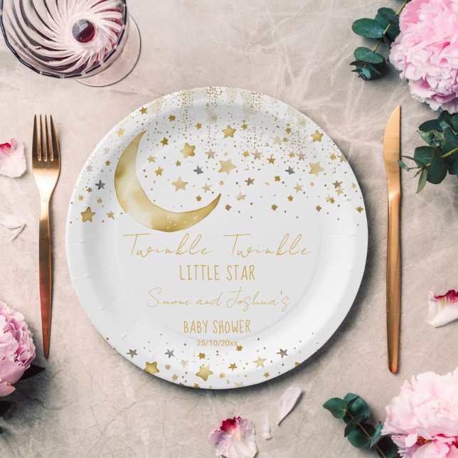 Twinkle twinkle little star baby shower template paper plates (Twinkle twinkle little star baby shower template paper plates personalized tableware white and gold)
