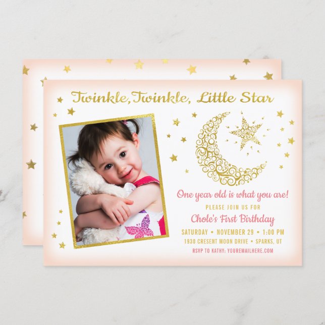 Twinkle, Twinkle, Little Star Birthday Girl Photo Invitation (Front/Back)