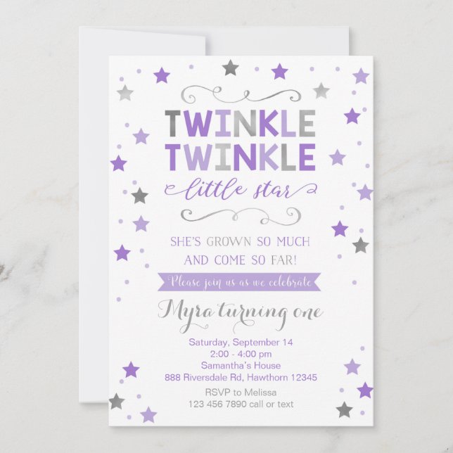 Twinkle Twinkle Little Star Birthday Invite, Girl Invitation (Front)