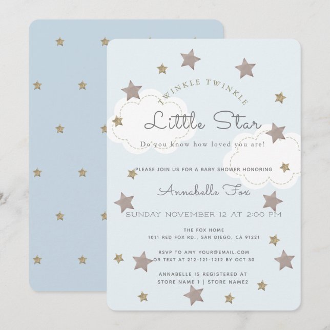 Twinkle Twinkle Little Star Blue Baby Shower Invitation (Front/Back)