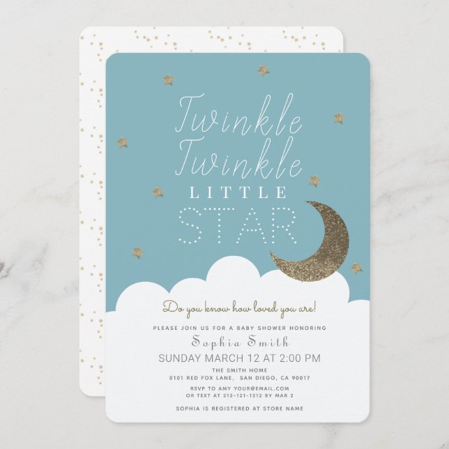 Twinkle Twinkle Little Star Blue Boy Baby Shower Invitation (Front/Back)