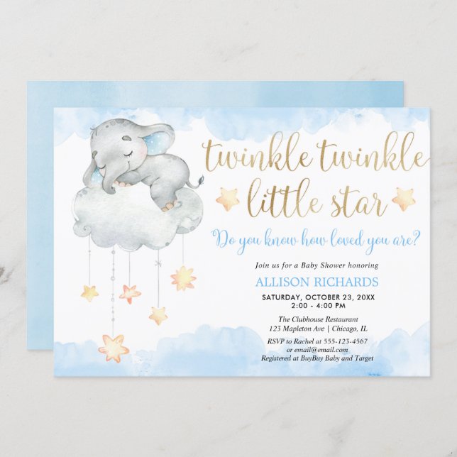 Twinkle twinkle little star blue gold baby shower invitation (Front/Back)