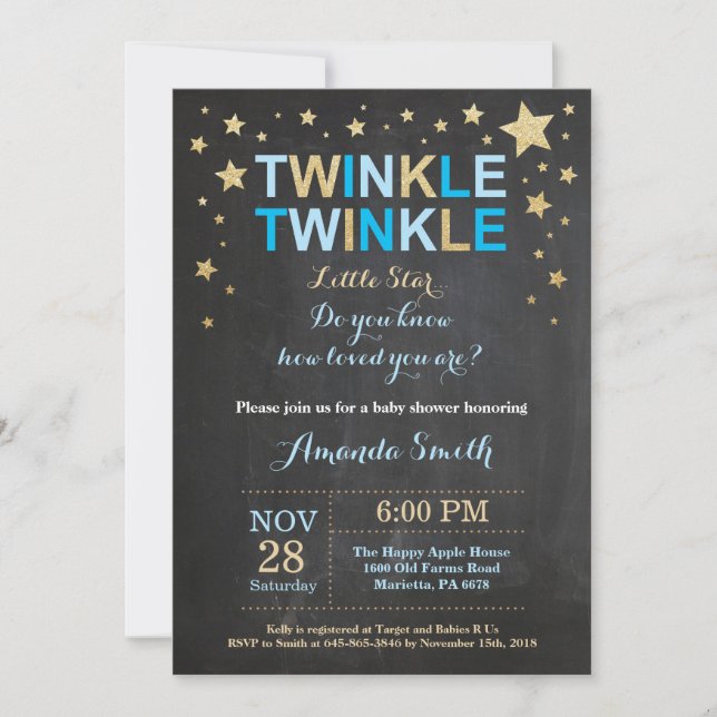 Twinkle Twinkle Little Star Blue Gold Baby Shower Invitation (Front)