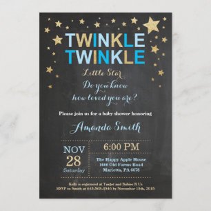 Twinkle Twinkle Little Star Blue Gold Baby Shower Invitation