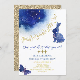 Twinkle Twinkle Little Star Blue Gold Watercolor Invitation