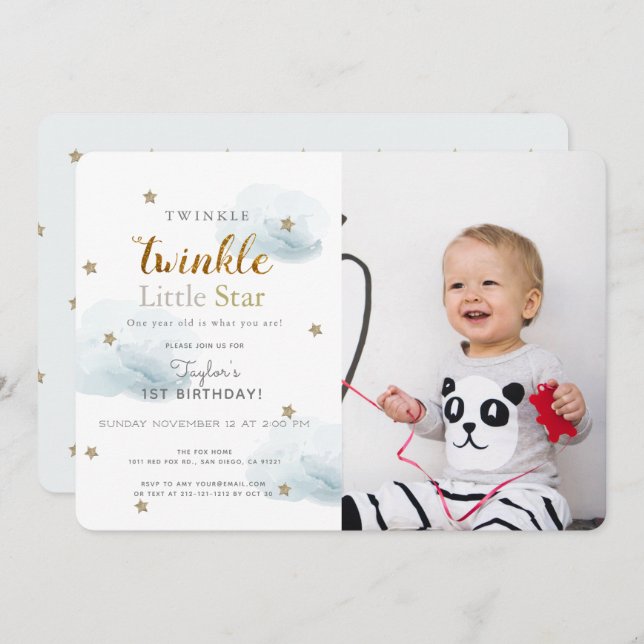 Twinkle Twinkle Little Star Blue Photo Birthday Invitation (Front/Back)